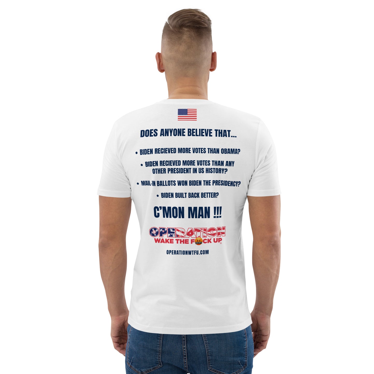 Men's Logo T-Shirt with C'Mon Man!!! Back (White/Navy)