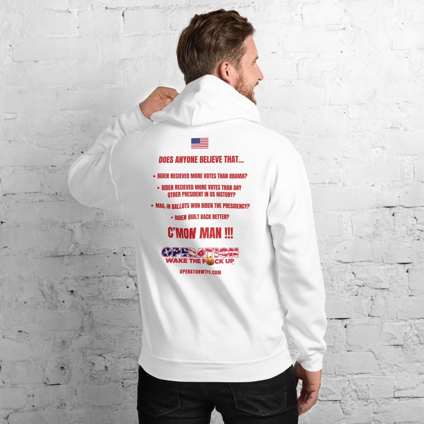 Operation WTFU Hoodie with C'Mon Man!!! Back (White/Red)