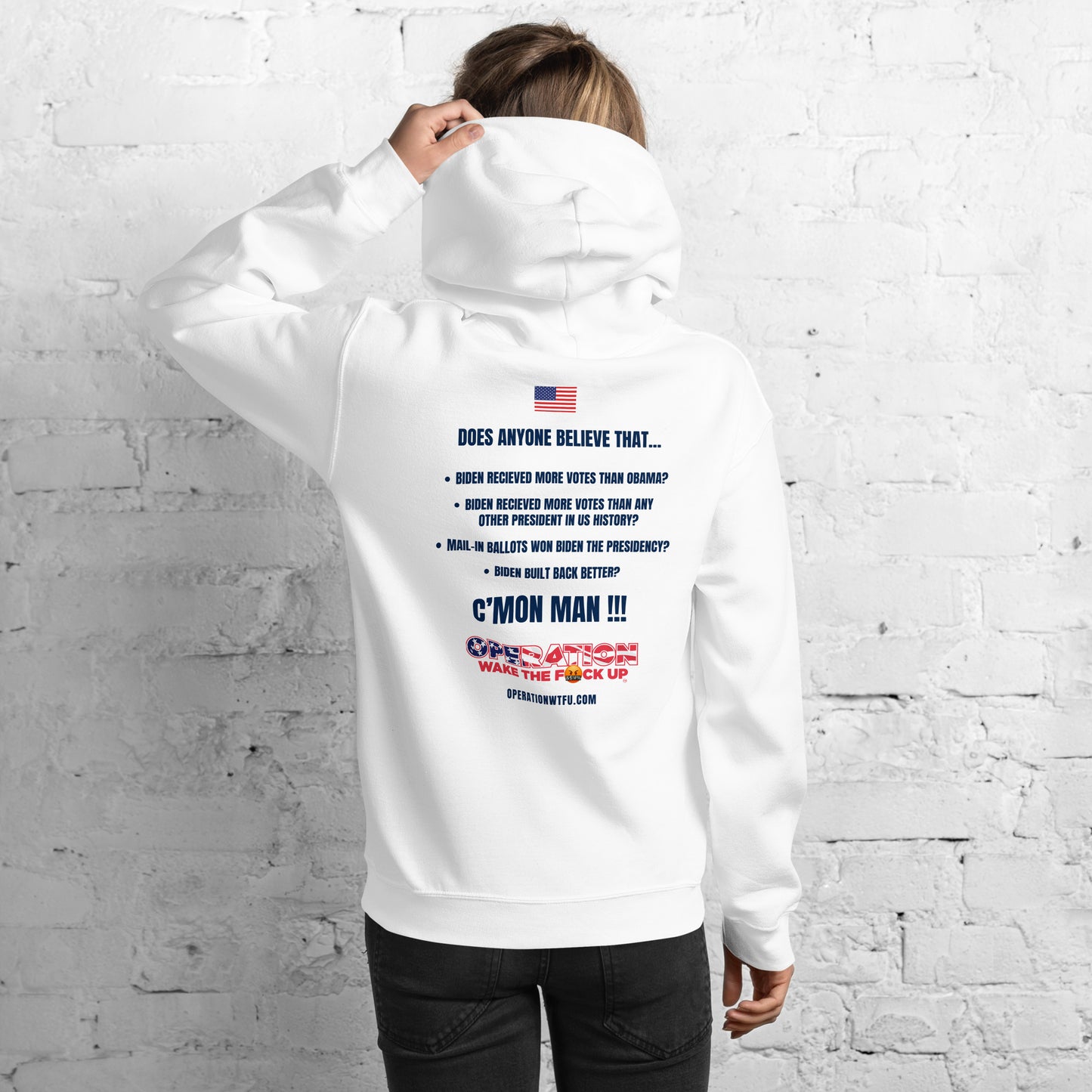 Operation WTFU Hoodie with C'Mon Man!!! Back (White/Navy)