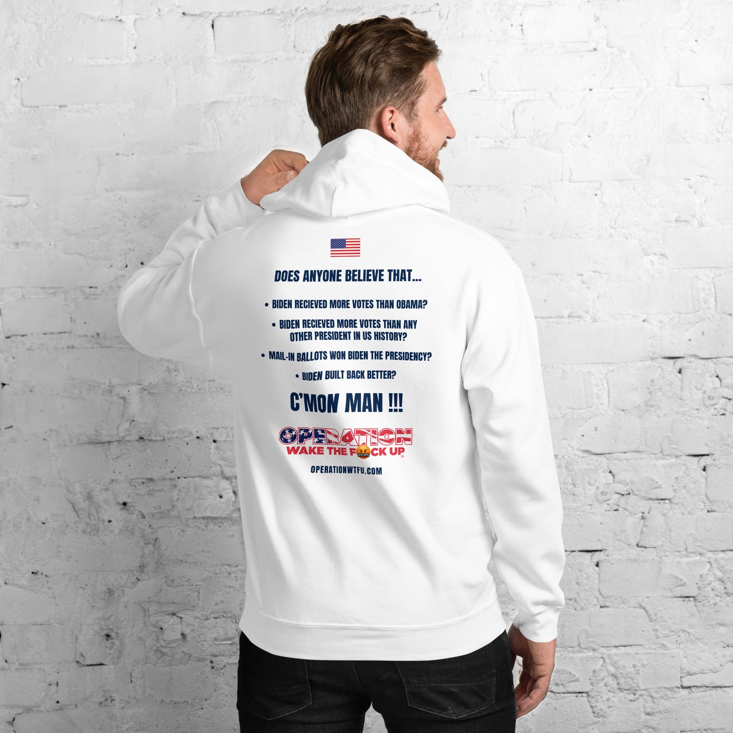 Operation WTFU Hoodie with C'Mon Man!!! Back (White/Navy)